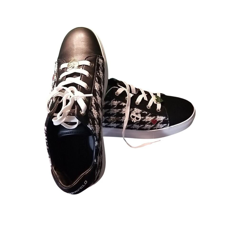 Karl Lagerfeld Women Black Cate Pins Houndstooth Plaid Lace Sneakers Size 11